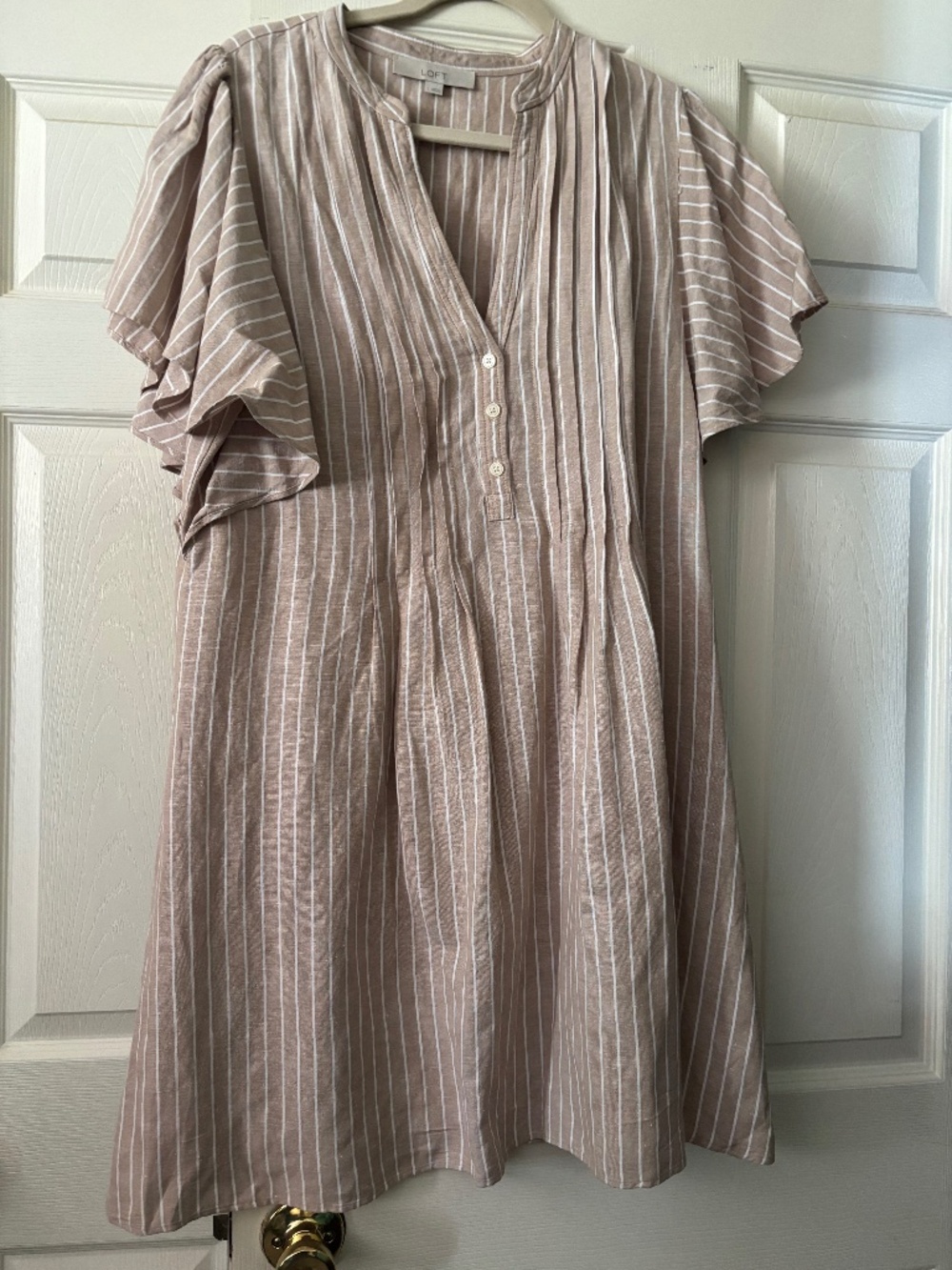LOFT khaki and White Striped Flutter Sleeve Tunic Dress